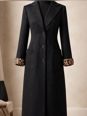 Banana Republic Black Trench Coat with Leopard Print Cuffs